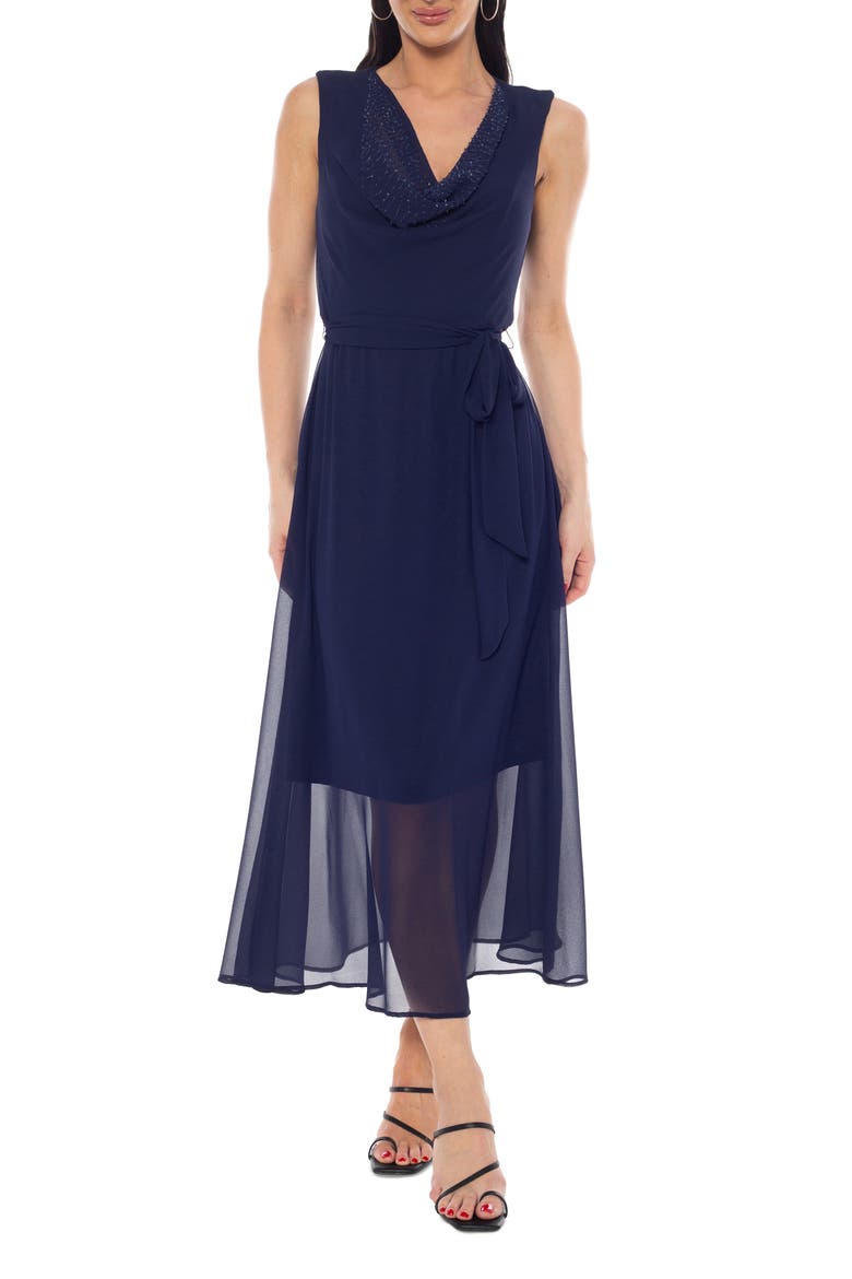 Embelished Cowl Neck Midi Dress, Main, color, NAVY