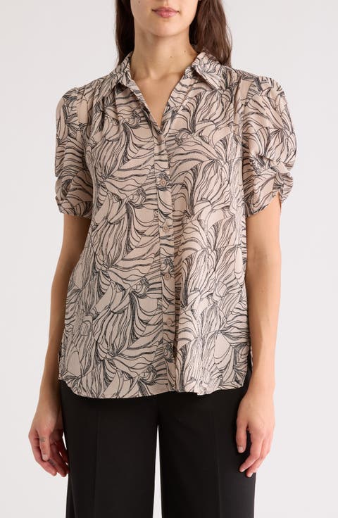 Patterned Pinch Sleeve Button-Up Shirt