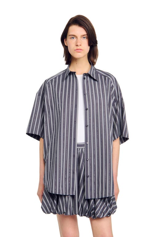 Sandro Oversized Striped Rhinestone Shirt In Blue
