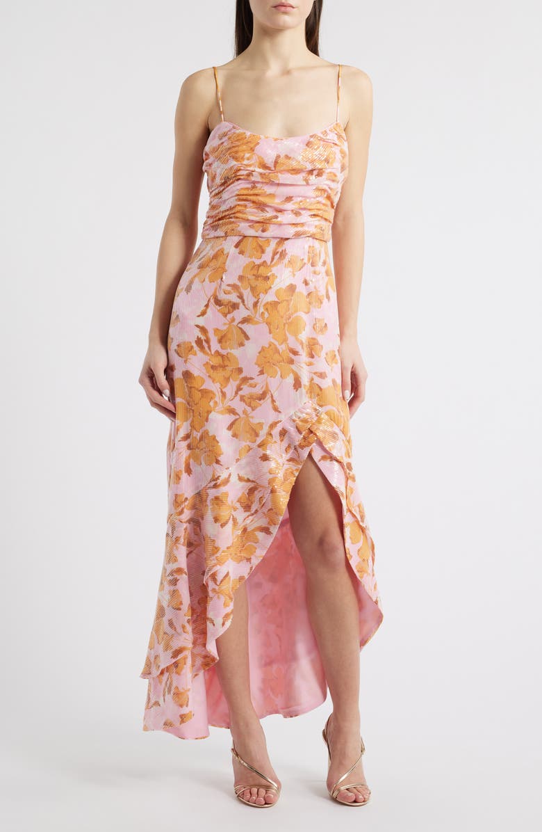 Hutch Ruched Bodice Ruffle Sequin Maxi Dress, Main, color, 