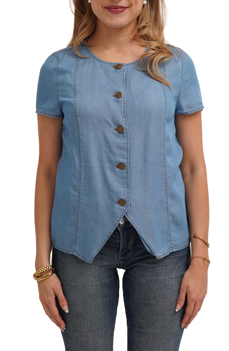 CYRUS Short Sleeve Button Front Top, Main, color, Misty Denim