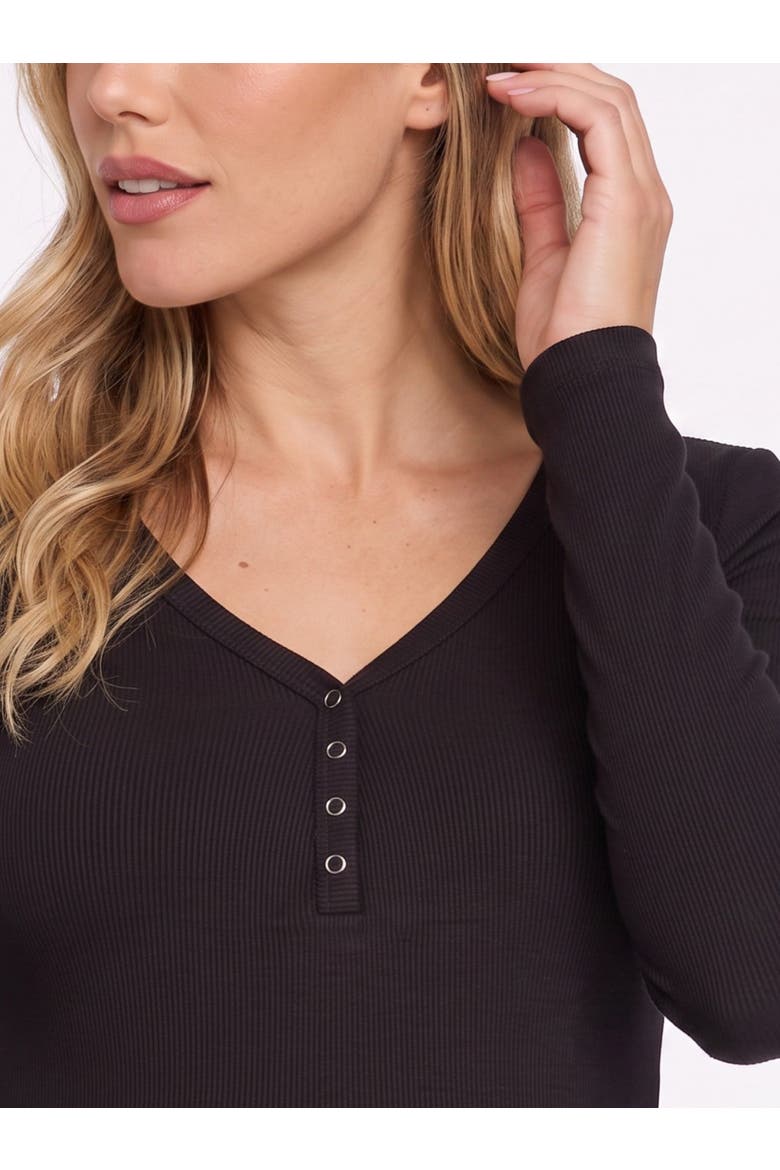 V-Neck Side-Ruched Long Sleeve Henley Tee, Alternate, color, Black