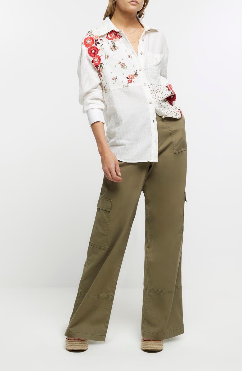 River Island Floral Embroidered Patchwork Lace Button-Up Shirt, Alternate, color, 