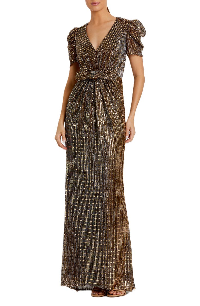 Mac Duggal Bow Waisted Cap Sleeve Metallic Gown, Main, color, Bronze