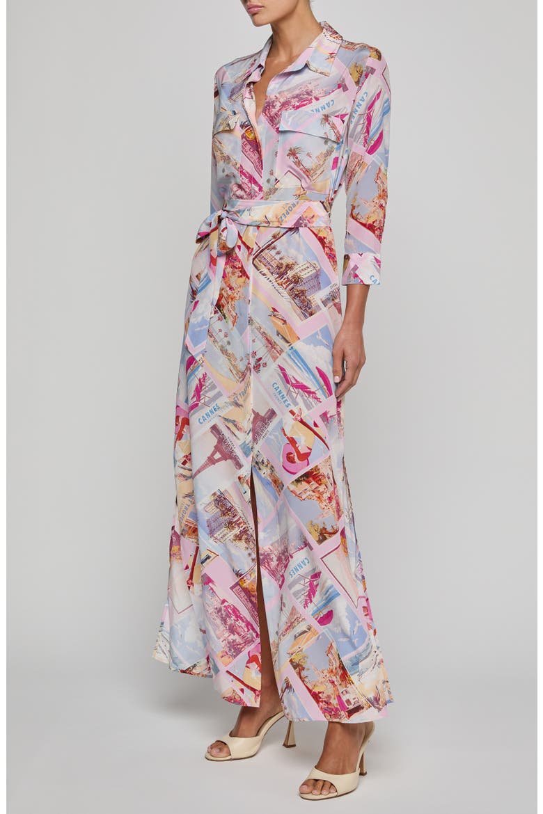 Cameron Print Long Sleeve Silk Maxi Shirtdress, Alternate, color, PINK POSTCARD PRINT