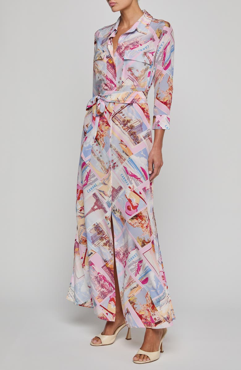 L'AGENCE Cameron Print Long Sleeve Silk Maxi Shirtdress, Alternate, color, Pink Postcard Print