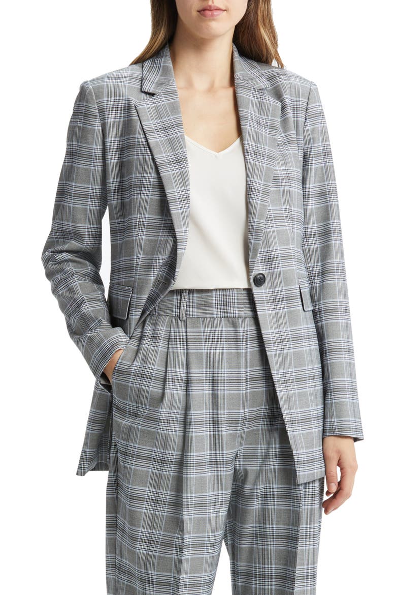 Glen Plaid One-Button Blazer, Main, color, BLACK- TEAL CHECK