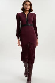 Karen Millen Pu Trim Woven Sleeved Pleated Dress