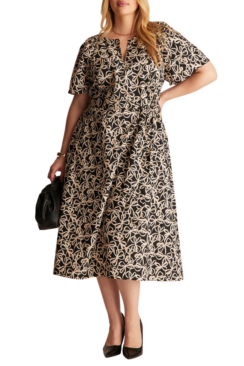 Noirette Bow Print Midi Dress, Main, color, BLACK/ CREAM
