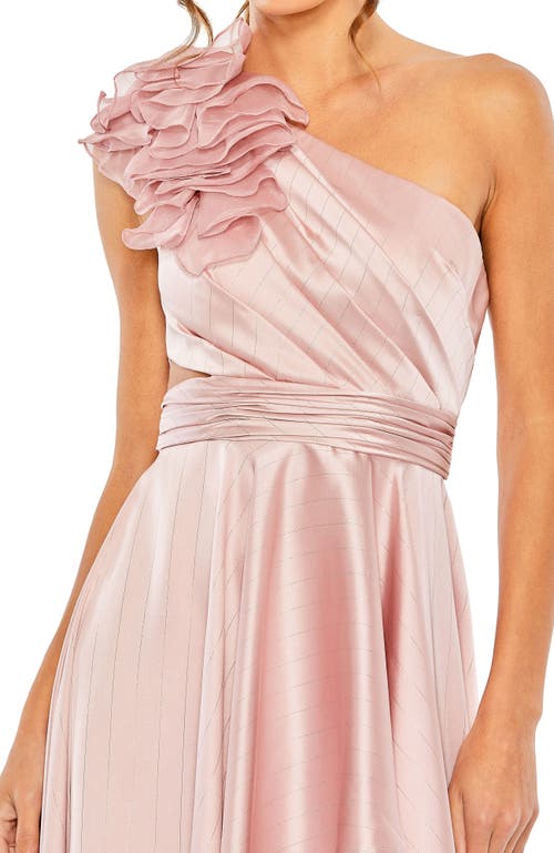 Mac Duggal Ruffled One Shoulder Cut Out Hi-low Gown In Rose