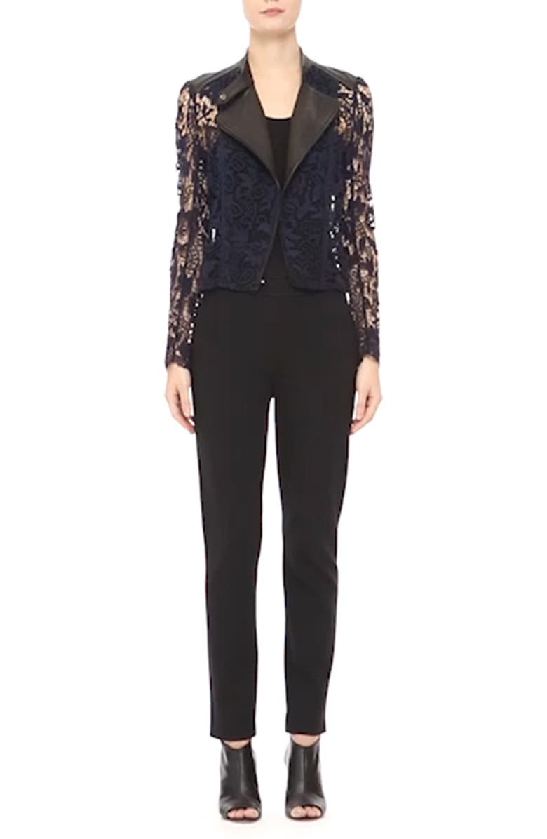 Yigal Azrouël Guipure Lace & Lambskin Leather Moto Jacket, Alternate, color, 
