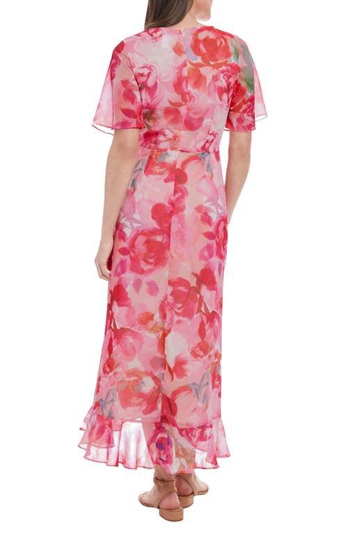 London Times Floral Short Sleeve Faux Wrap Chiffon Maxi Dress In Ivory/fuchsia