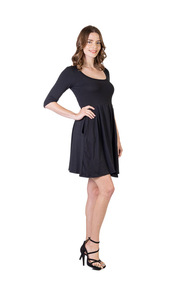 24seven Comfort Apparel Three Quarter Sleeve Fit and Flare Mini Dress, Alternate, color, Black
