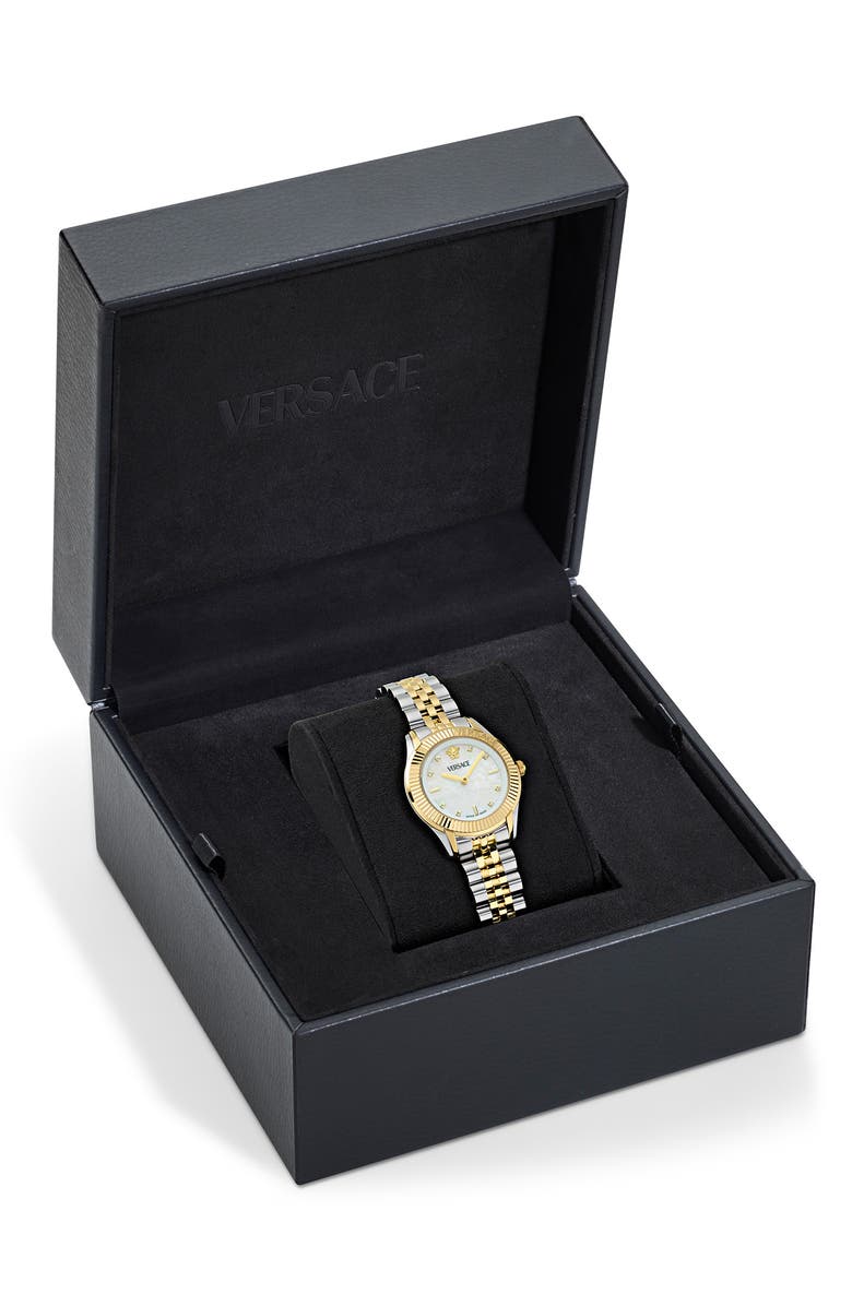 Versace Greca Time Diamond Bracelet Watch, 30mm, Alternate, color, White/ Two Tone