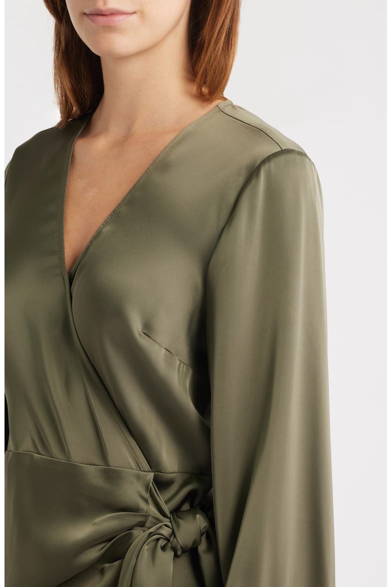 Long Sleeve Faux Wrap Satin Dress, Alternate, color, LODEN