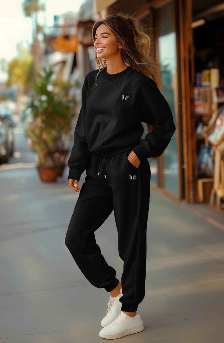 Dalix Butterfly Midweight Fleece Crewneck Sweatsuit, Alternate, color, Black
