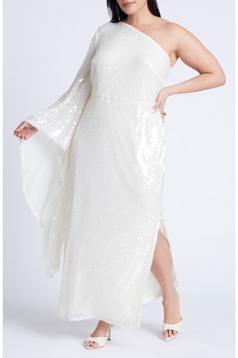 Paillette Sequin Paillette One-Shoulder Gown, Main, color, COCONUT MILK