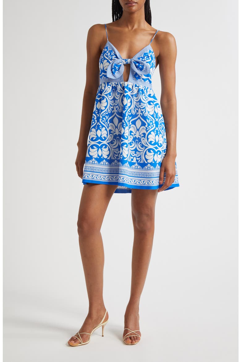 Melvina Bow Detail Mixed Print Linen Blend Minidress, Main, color, SOIREE TRUEBLUE