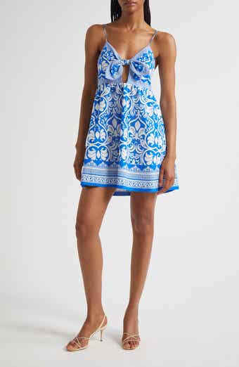 Alice + Olivia Melvina Bow Detail Mixed Print Linen Blend Minidress