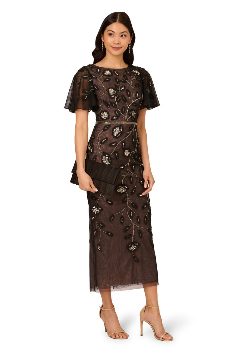 Beaded Mesh Sheath Dress, Alternate, color, BLACK/ ROSEGOLD