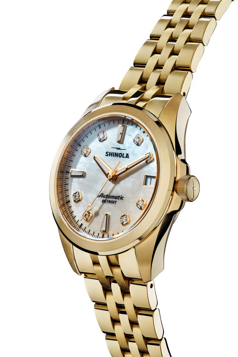 Circadian Monster Mother-of-Pearl & Diamond Automatic Bracelet Watch, 36mm, Alternate, color, WHITE MOTHER OF PEARL