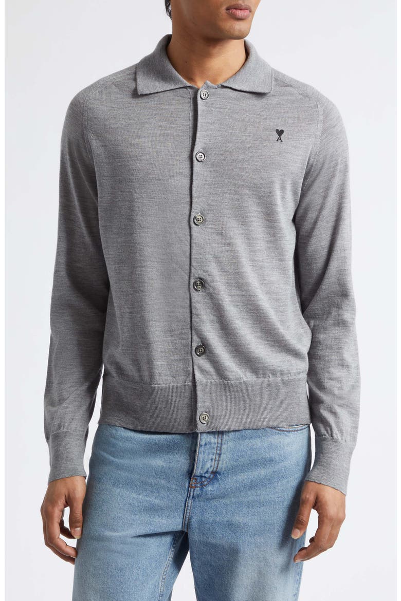 Ami de Coeur Merino Wool Cardigan, Main, color, GRIS CHINE/ NOIR