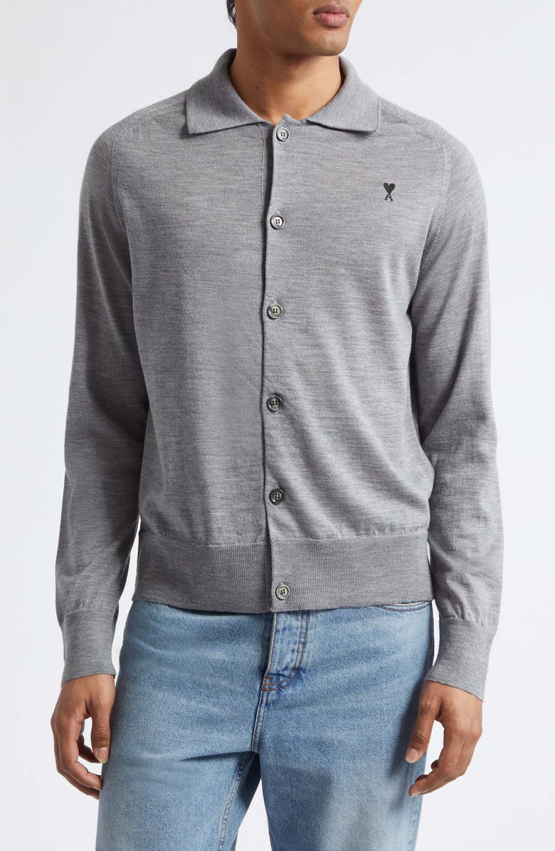 AMI PARIS Ami de Coeur Merino Wool Cardigan, Main, color, Gris Chine/ Noir