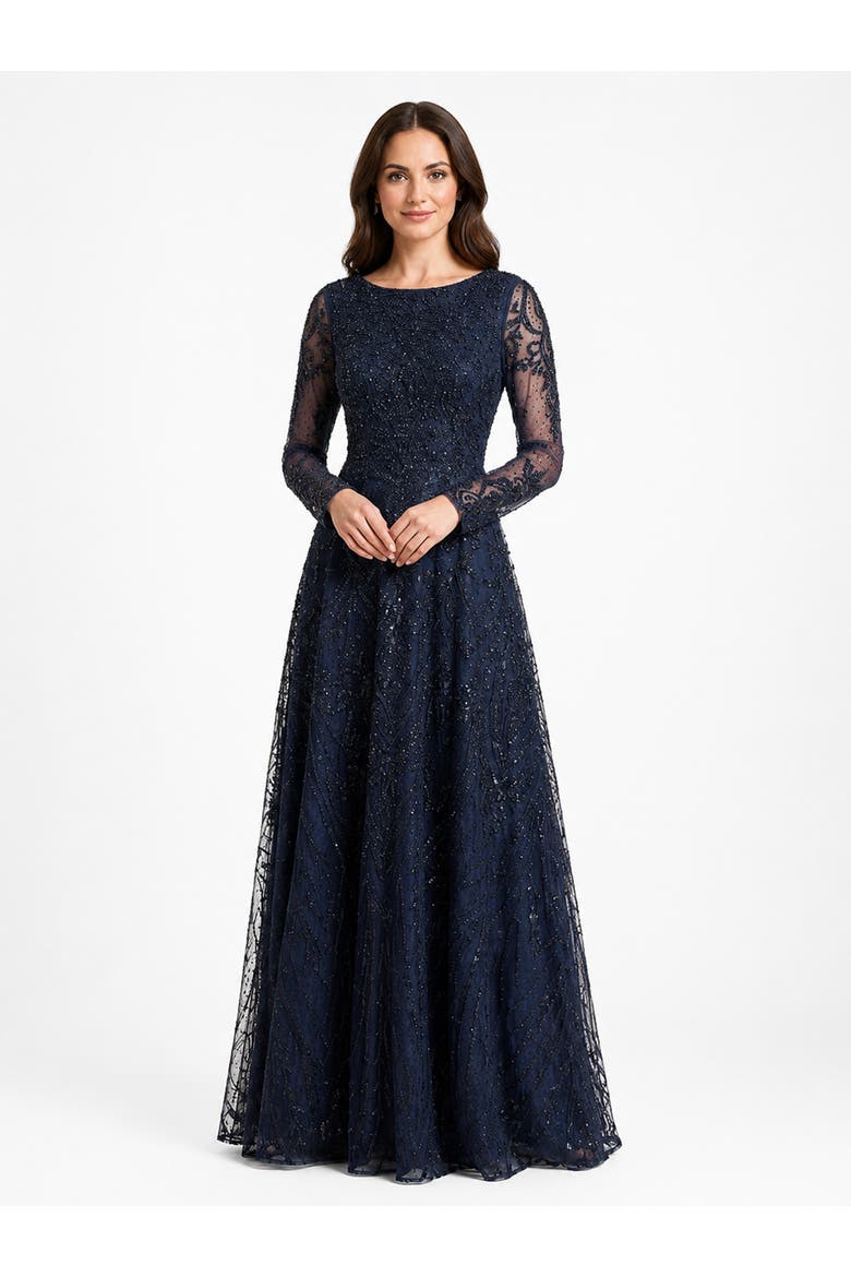 Long Sleeve High Neck Gown, Main, color, Navy