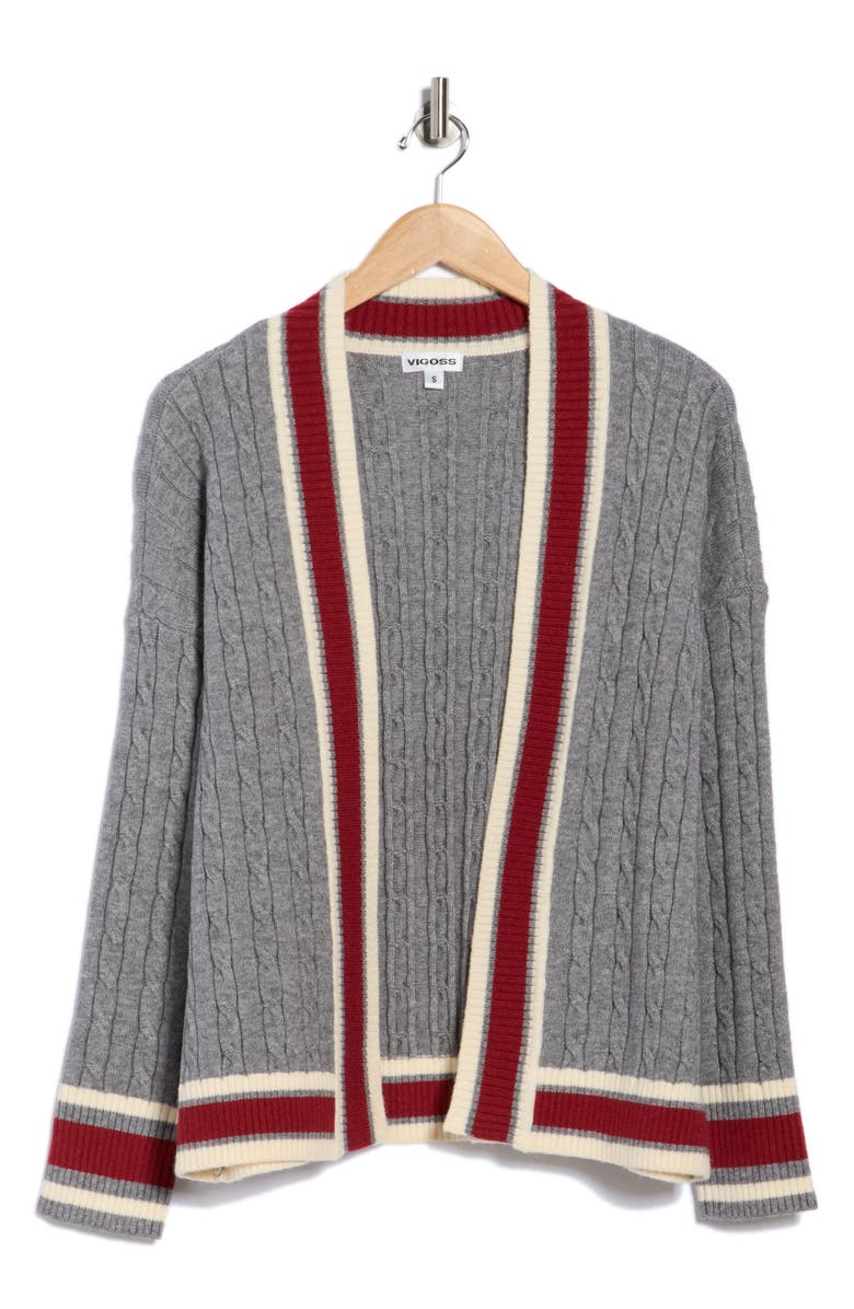 Vigoss Tipped Open Front Cable Cardigan, Alternate, color, Heather Grey