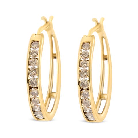 14K Yellow Gold Plated Silver 1.0 CtWt Champagne Diamond Hoop Earrings