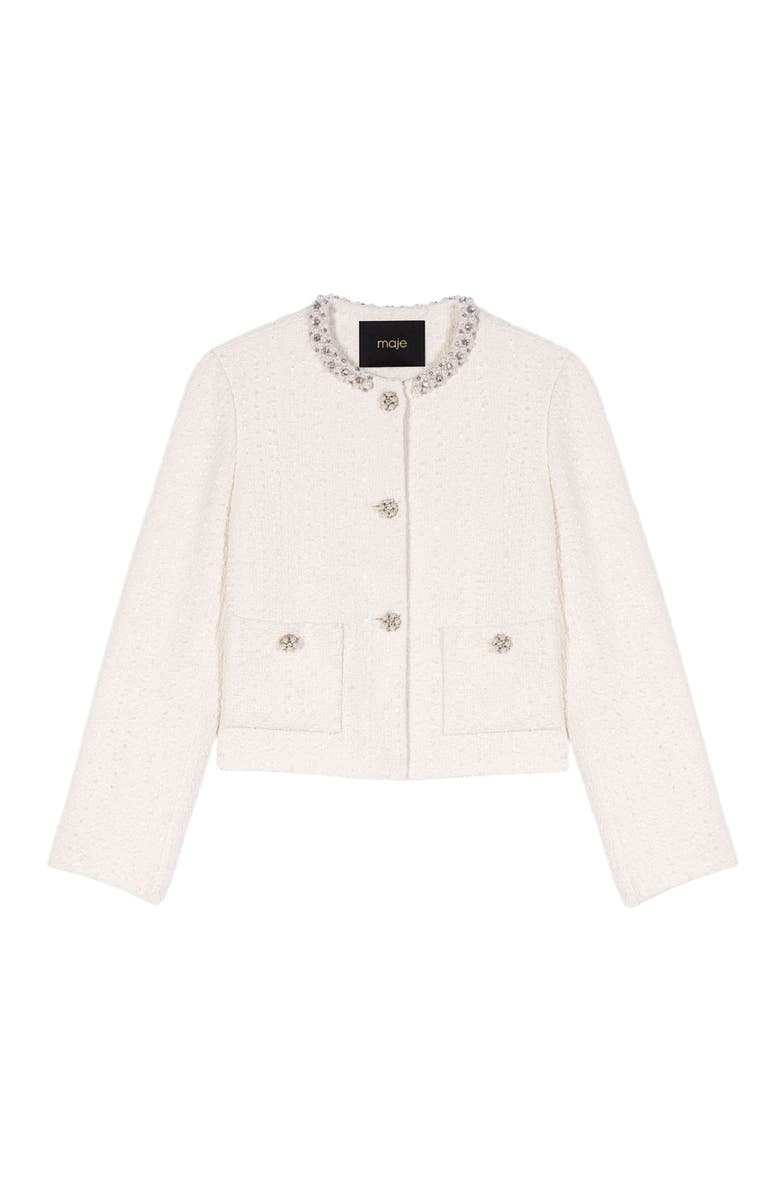 maje Pearl-trimmed tweed jacket, Alternate, color, Ecru
