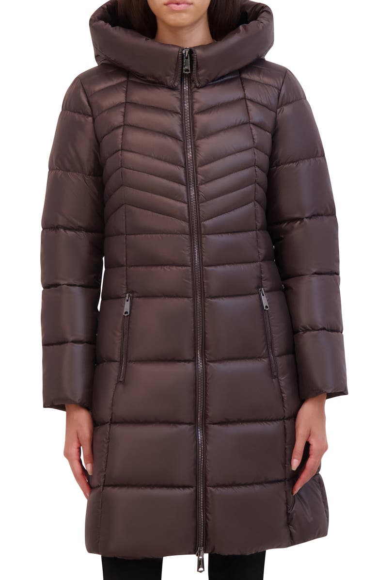 Kenneth Cole New York Soft Cire Funnel Neck Puffer Coat, Main, color, Chocolate