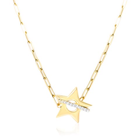 18K Yellow Gold Plated Sterling Silver Diamond Accent Star Pendant Necklace with Paperclip Chain