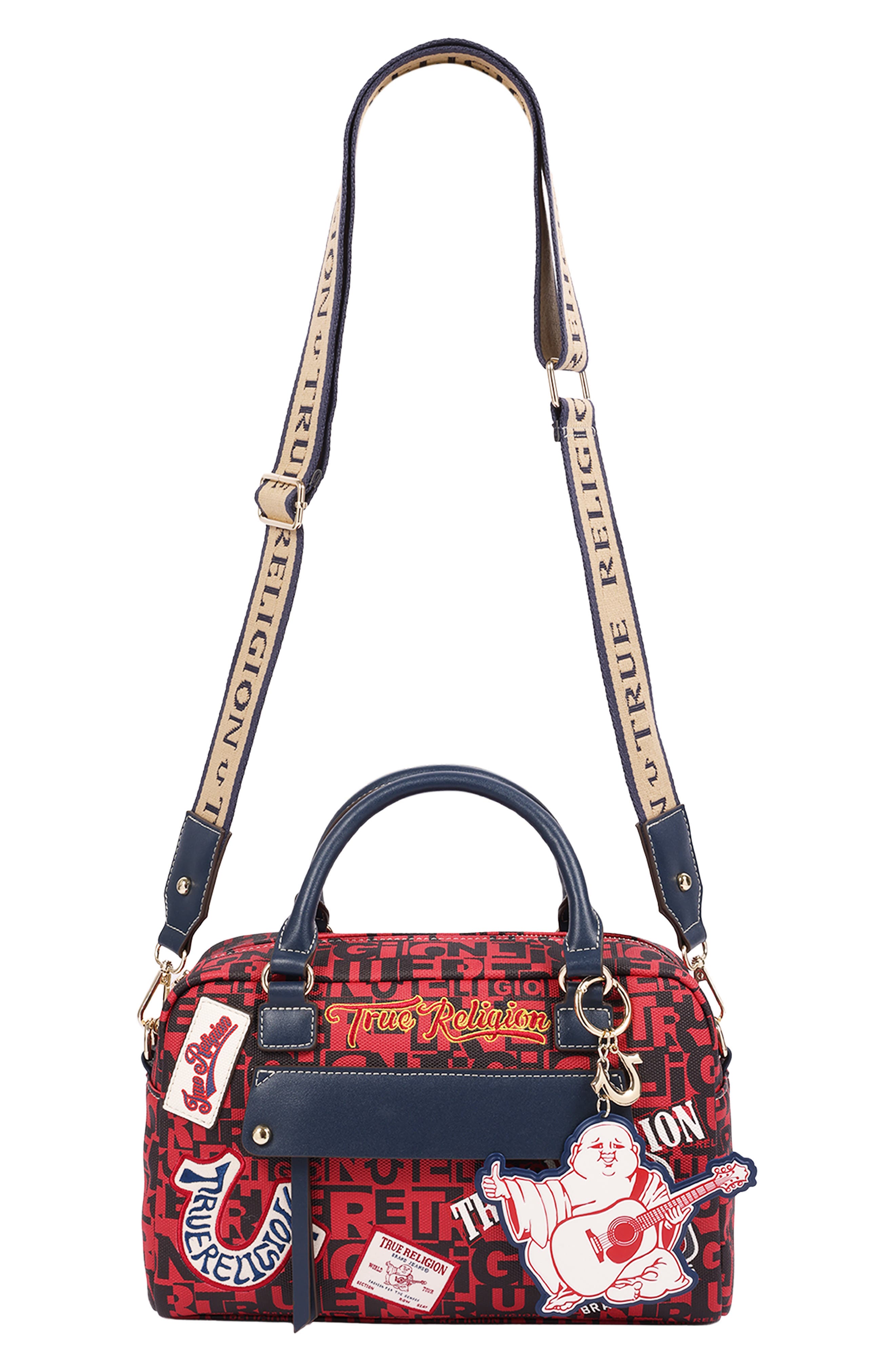 Multi Patch Graphic Faux Leather Satchel, Alternate, color, RED