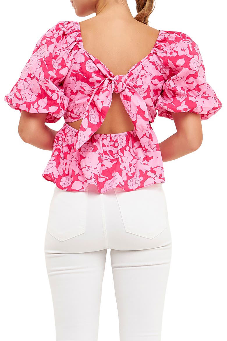 Floral Bow Back Puff Sleeve Blouse, Alternate, color, RED/ PINK