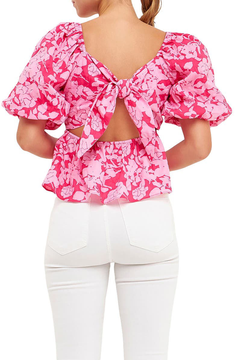 Free the Roses Floral Bow Back Puff Sleeve Blouse, Alternate, color, Red/ Pink