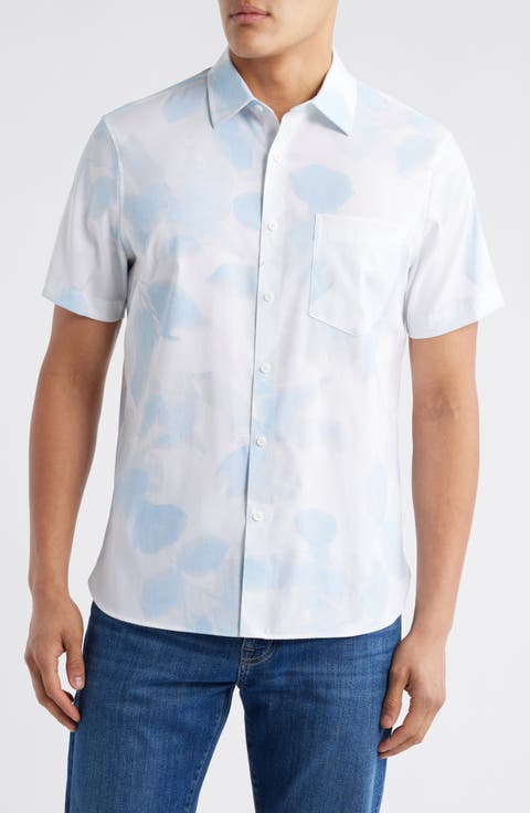 Botanical Print Short Sleeve Stretch Button-Up Shirt