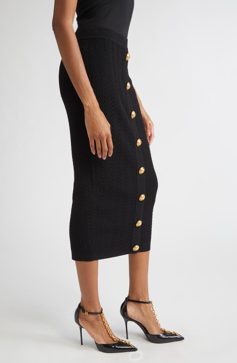 Balmain Torsade Button Detail Rib Cable Knit Midi Skirt, Alternate, color, 0Pa Black