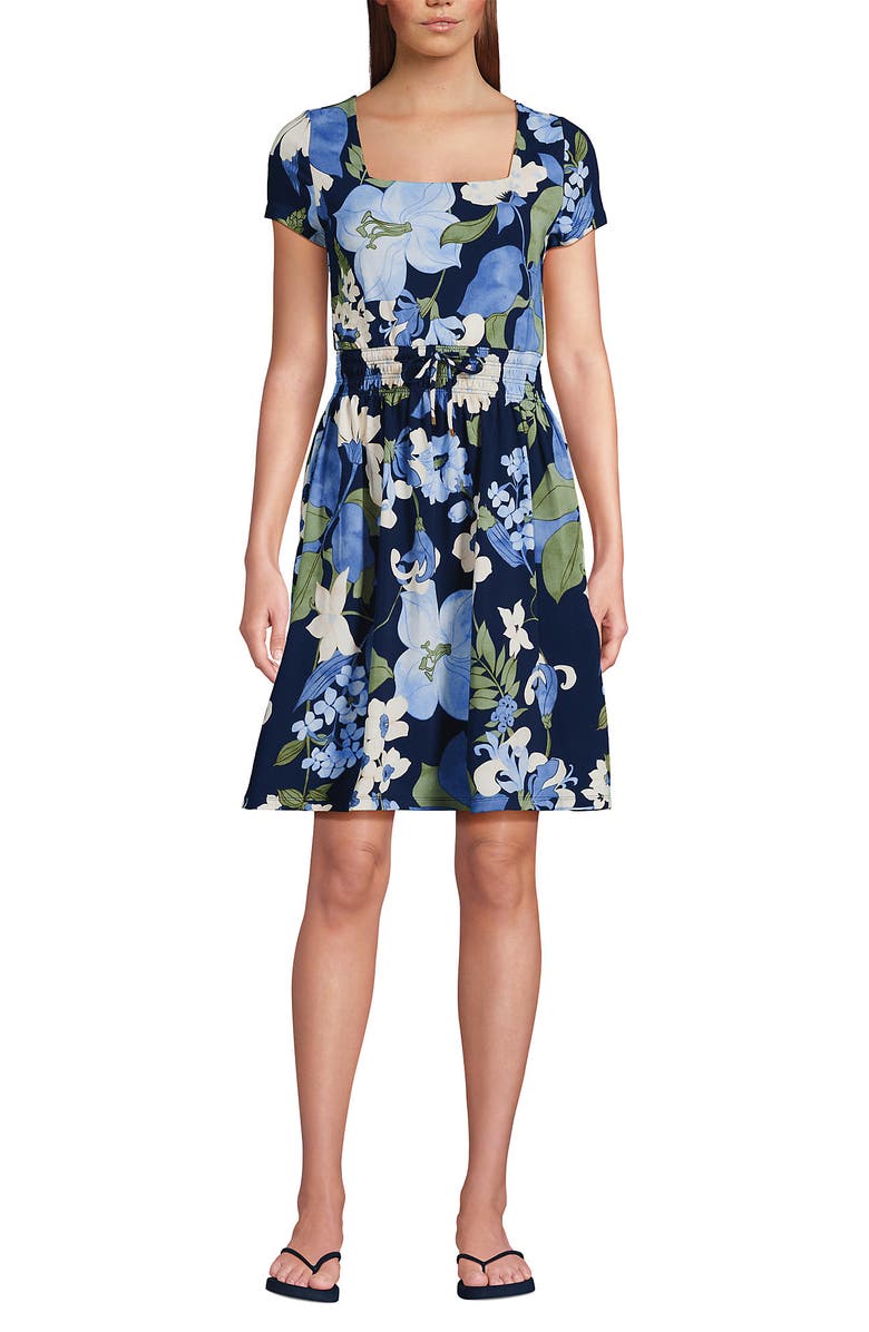 Lands' End Cotton Modal Smocked Waist Dress, Main, color, Deep Sea Navy Lilies