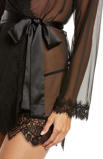 Lace Trim Mesh Robe & G-String Set
