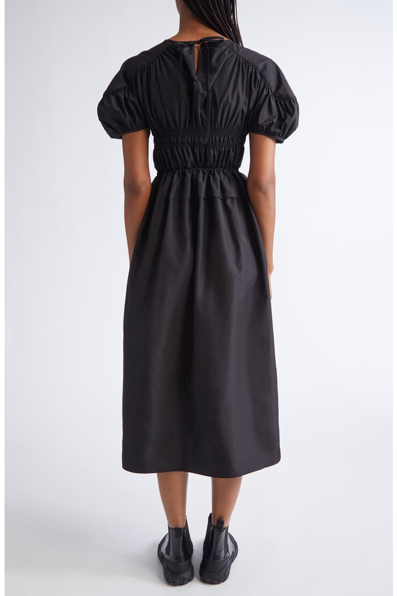 Betsy Ruched Puff Sleeve Drawcord Waist Recycled Faille Dress, Alternate, color, BLACK