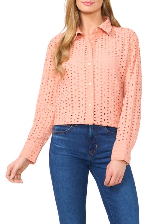Eyelet Embroidered Cotton Button-Up Shirt