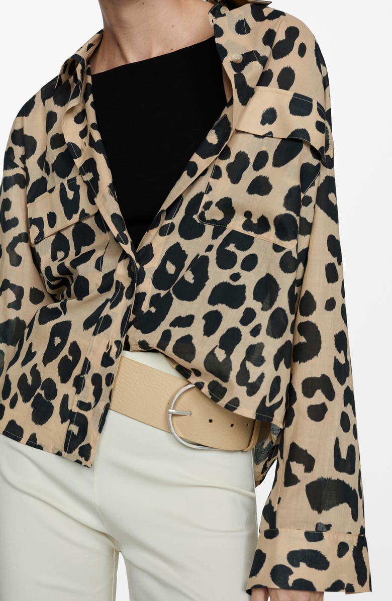 MANGO Animal Print Cotton Button-Up Shirt, Alternate, color, Ecru