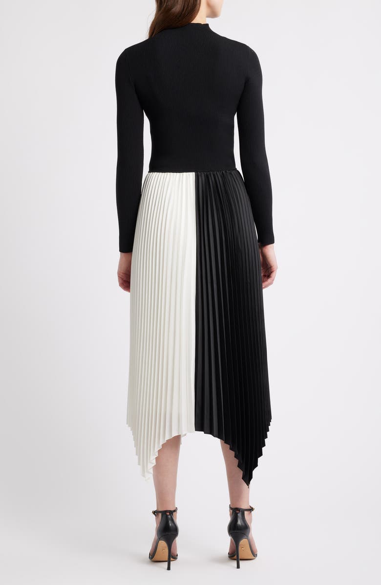 Elie Tahari The Elsa Long Sleeve Mixed Media Midi Dress, Alternate, color, Noir/ Sky White