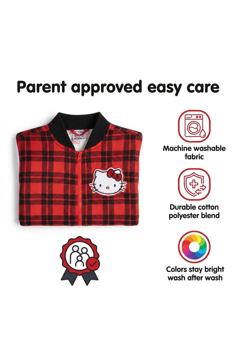 Varsity Bomber Jacket, Alternate, color, Hello Kitty Red Plaid