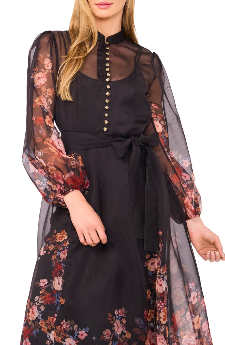 Ted Baker Placement Print Long Sleeve Organza Maxi Dress, Alternate, color, Rich Black