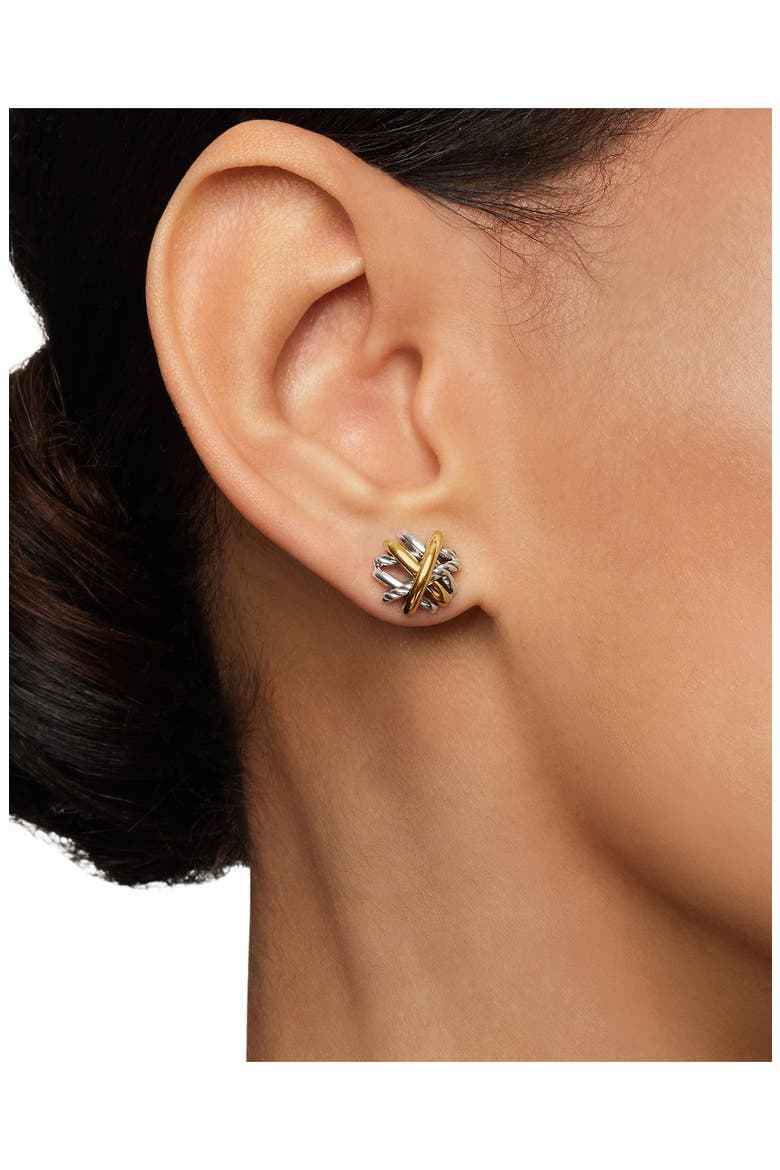 Crossover Stud Earrings with 18K Yellow Gold, Alternate, color, SILVER/ GOLD
