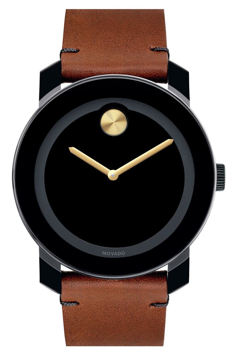 'Bold' Leather Strap Watch, 42mm, Main, color, BLACK