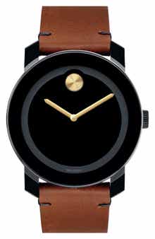 Movado 'Bold' Leather Strap Watch, 42mm