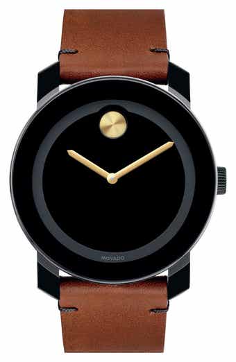 Movado 'Bold' Leather Strap Watch, 42mm